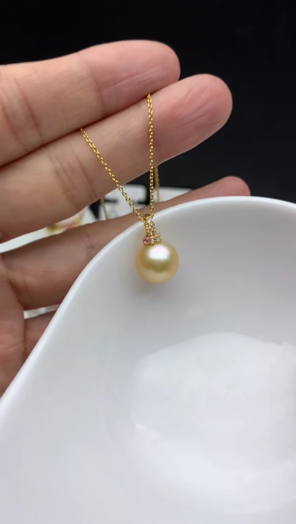 银S925镶嵌ff海水珍珠金珠吊坠(赠链）11~12mm
