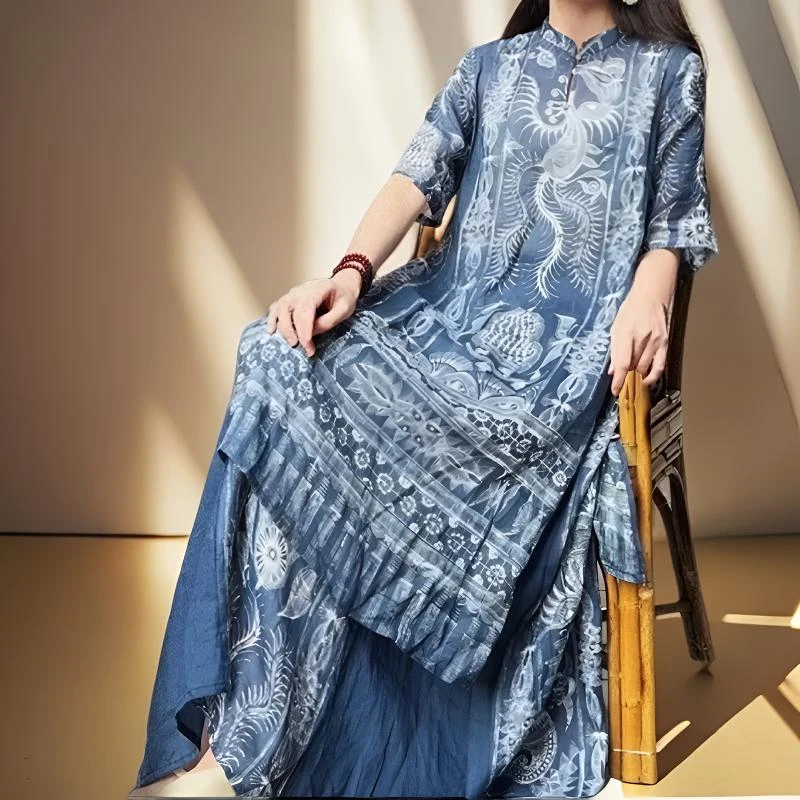 {好运连连}苎麻蜡染印花新中式国风七分袖宽松舒适中长款套装