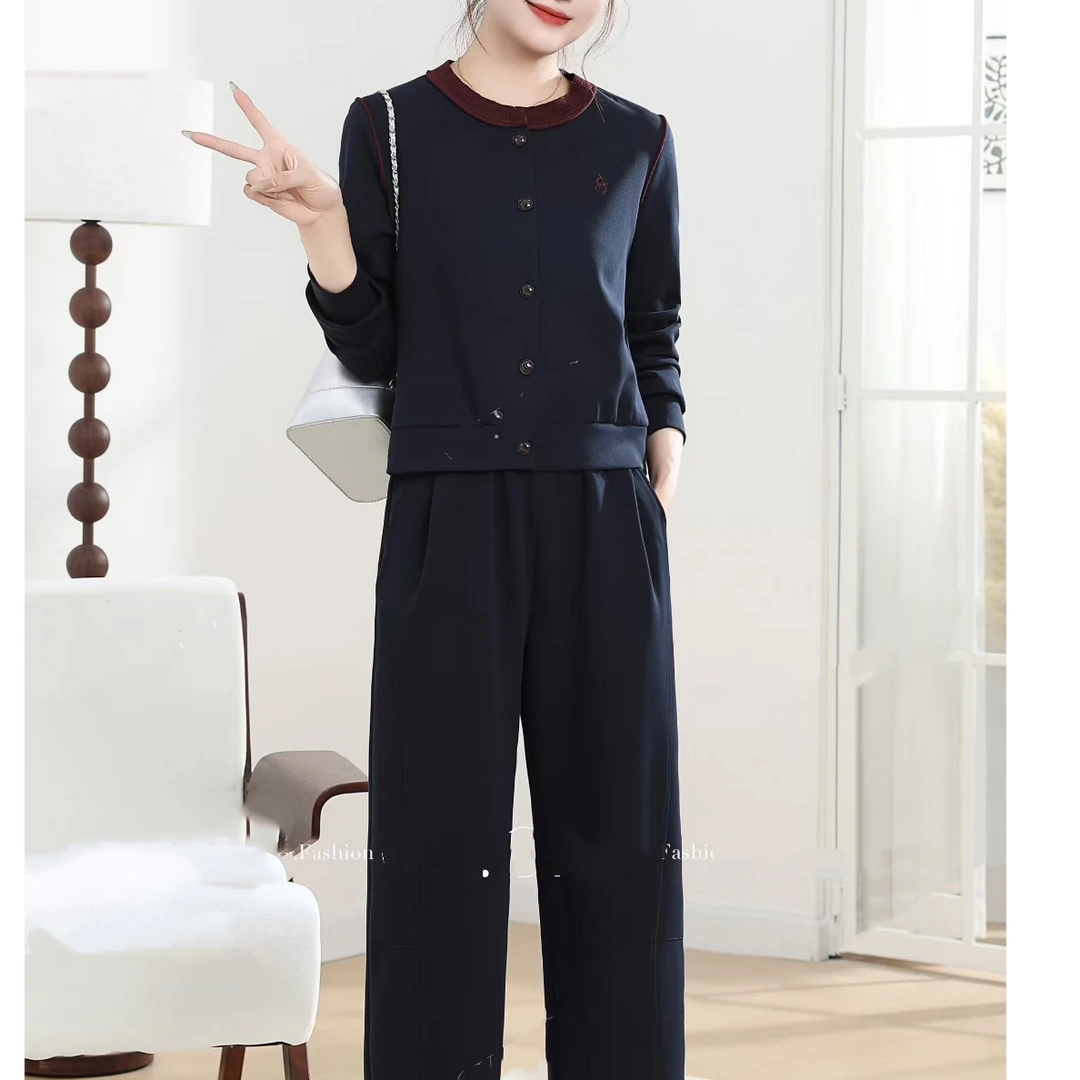 F907 长裤法式百搭衬衫开衫纽常规设计师圆领两件套