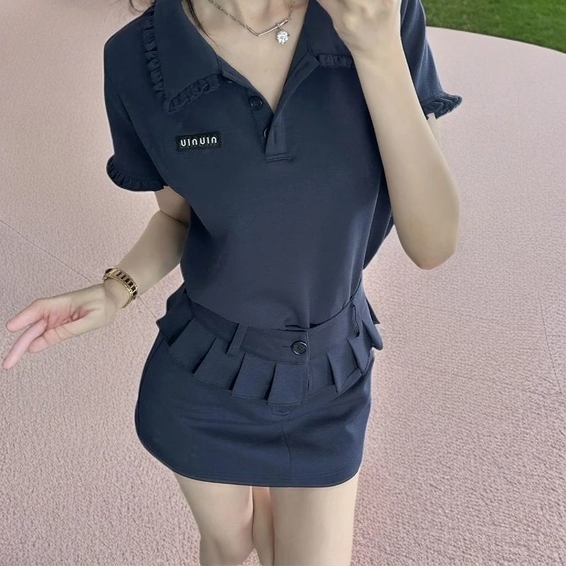 独特绝美套装裙女2025夏季木耳边娃娃领短袖t恤A字直筒短裤两件套