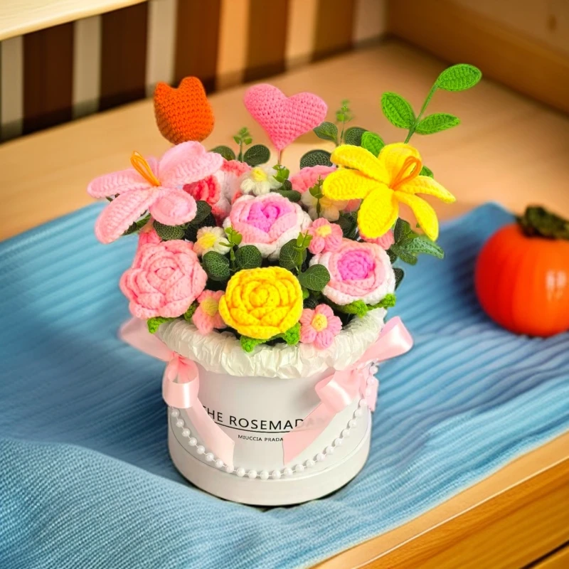 见花则喜B款针织一套玫瑰郁金香花混搭抱抱桶成品生日礼物花束