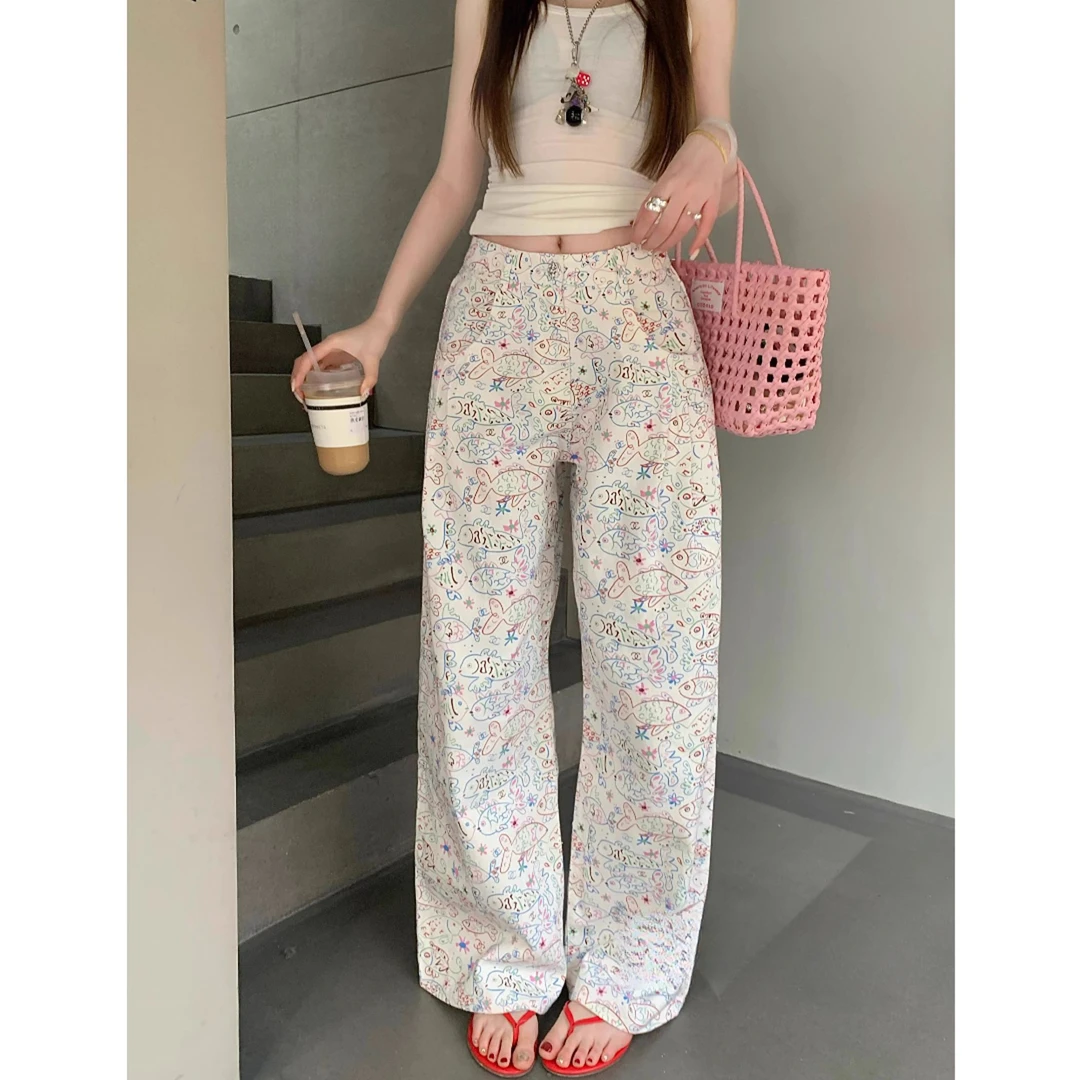 香奶奶小鱼裤女白色卡通印花直筒阔腿裤女2025辣妹宽松休闲拖地裤