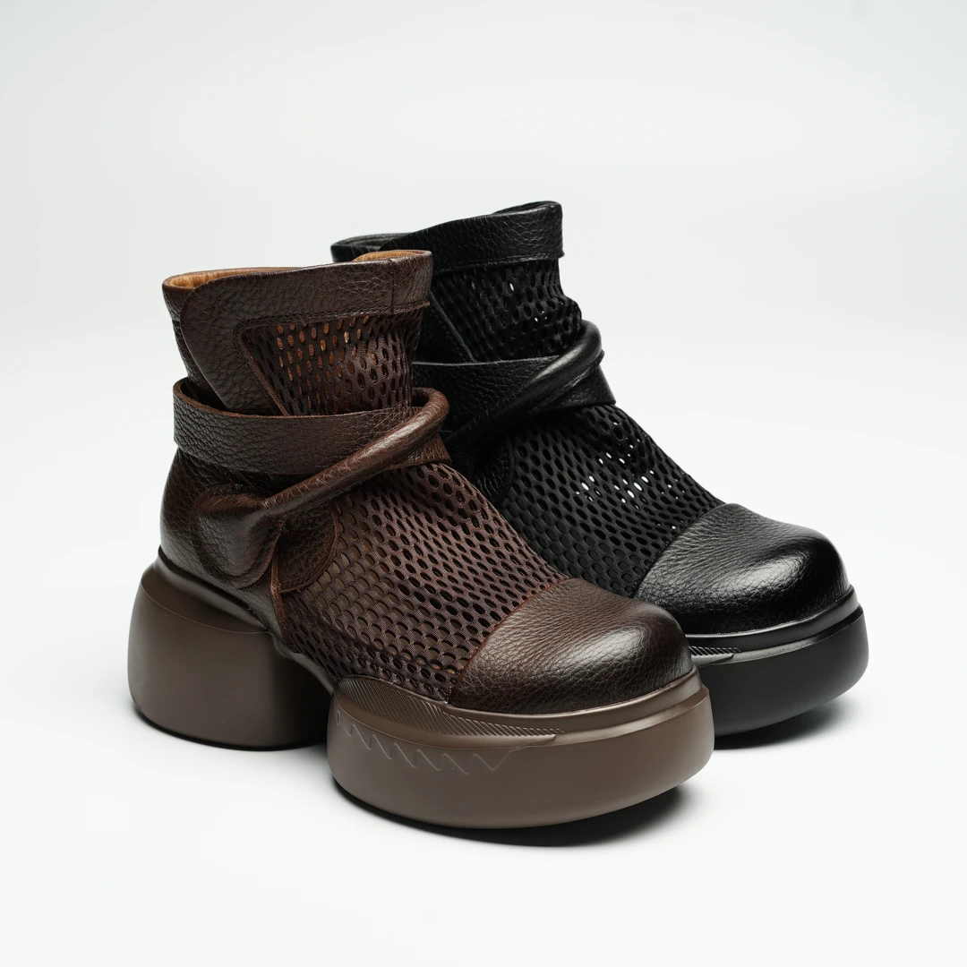 2025头层牛皮凉鞋女厚底网面透气高跟凉靴子复古擦色高帮小个子