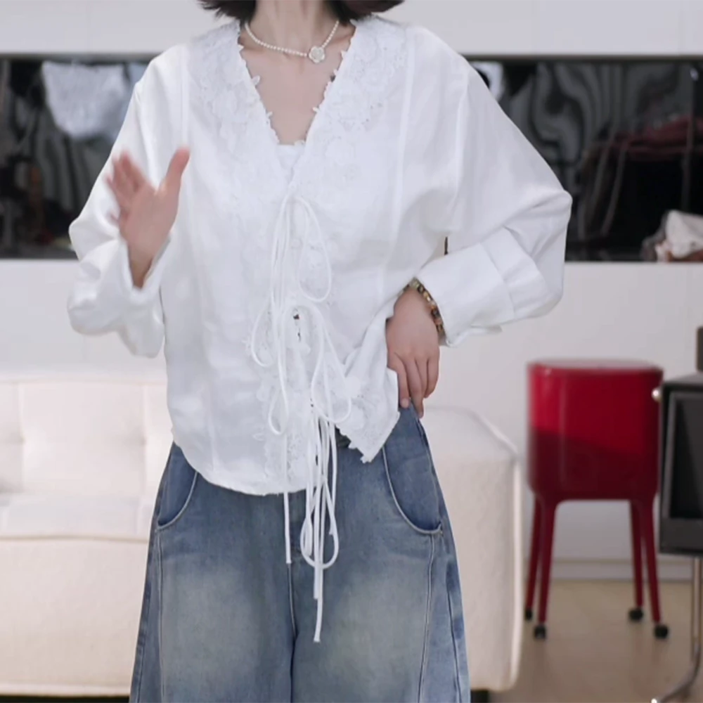 新款V领气质时尚衬衫长袖拼接衬衫上衣宽松C6113