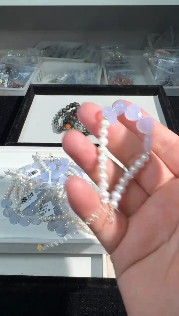 水晶手链银S925镶嵌S023珍朱蓝爱心款