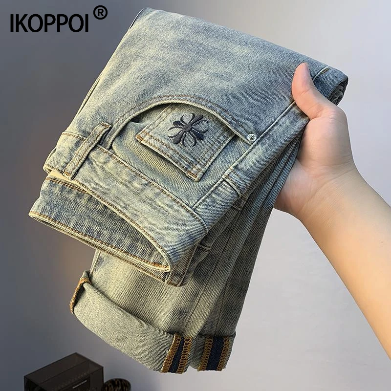 高端美式复古牛仔裤男2025年夏季新款刺绣长裤小直脚修身潮流西裤