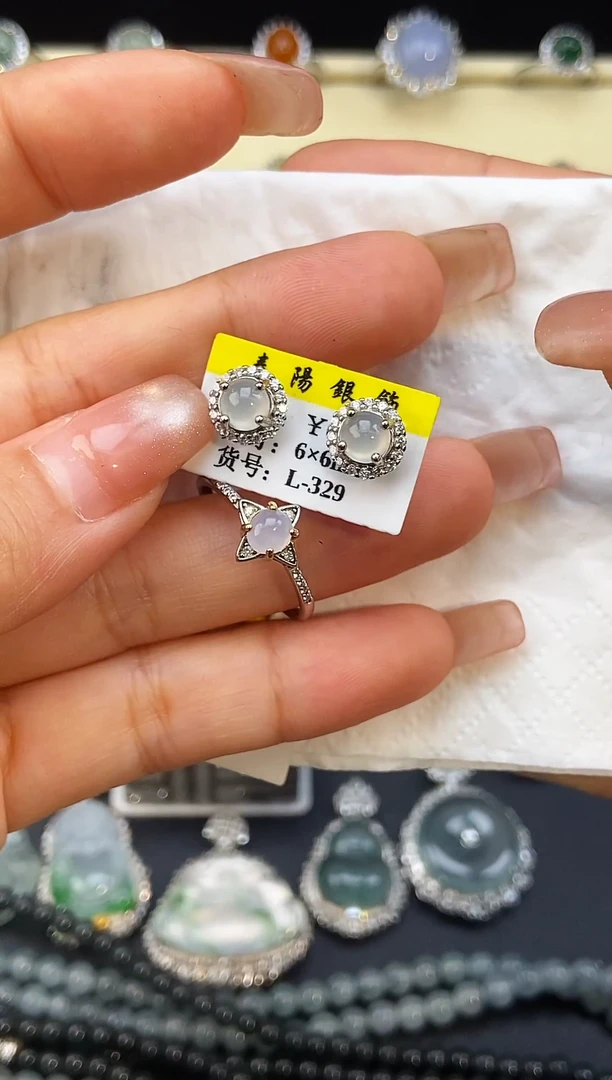 银S925镶嵌戒指翡翠林*戒指 耳钉