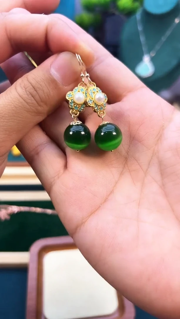 碧玺猫眼耳饰14K金镶嵌E56