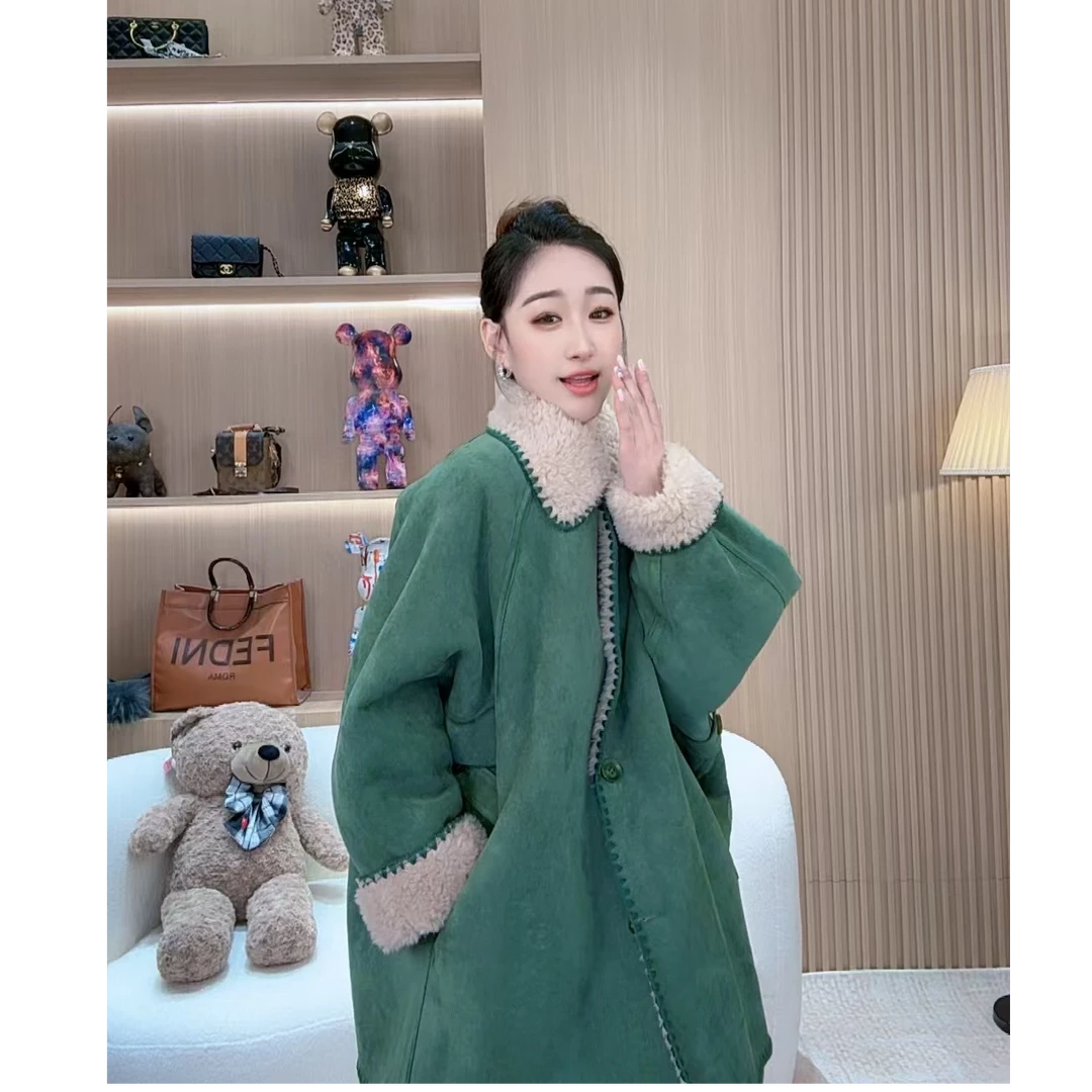 【若楠服饰】冬季方领宽松型棕色中长外套991091