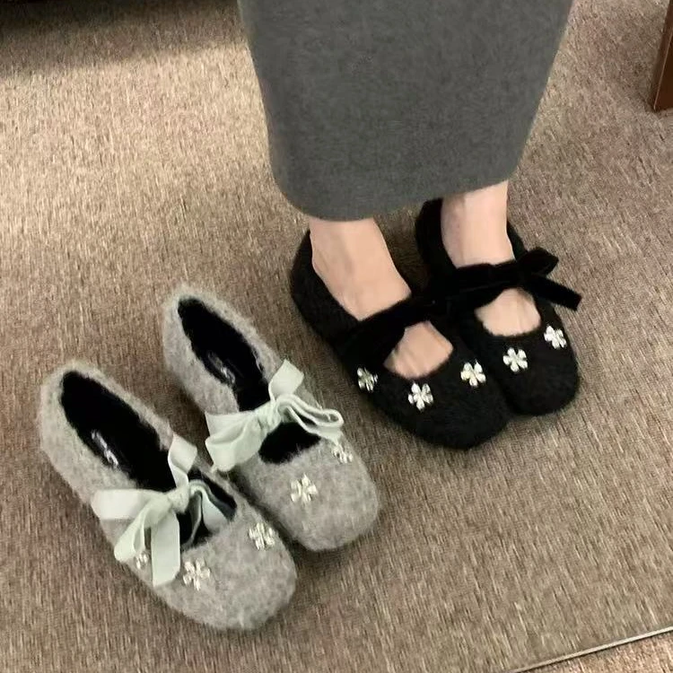 复古风花朵水钻加绒内增高玛丽珍单鞋秋冬保暖小香风女