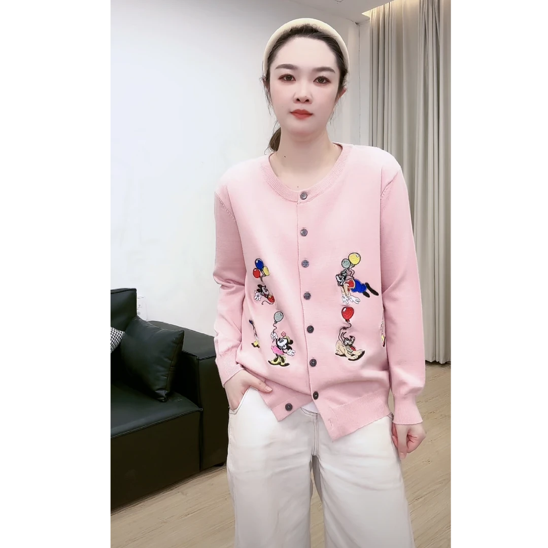 JUANJUAN自制粉色米奇刺绣休闲风针织开衫