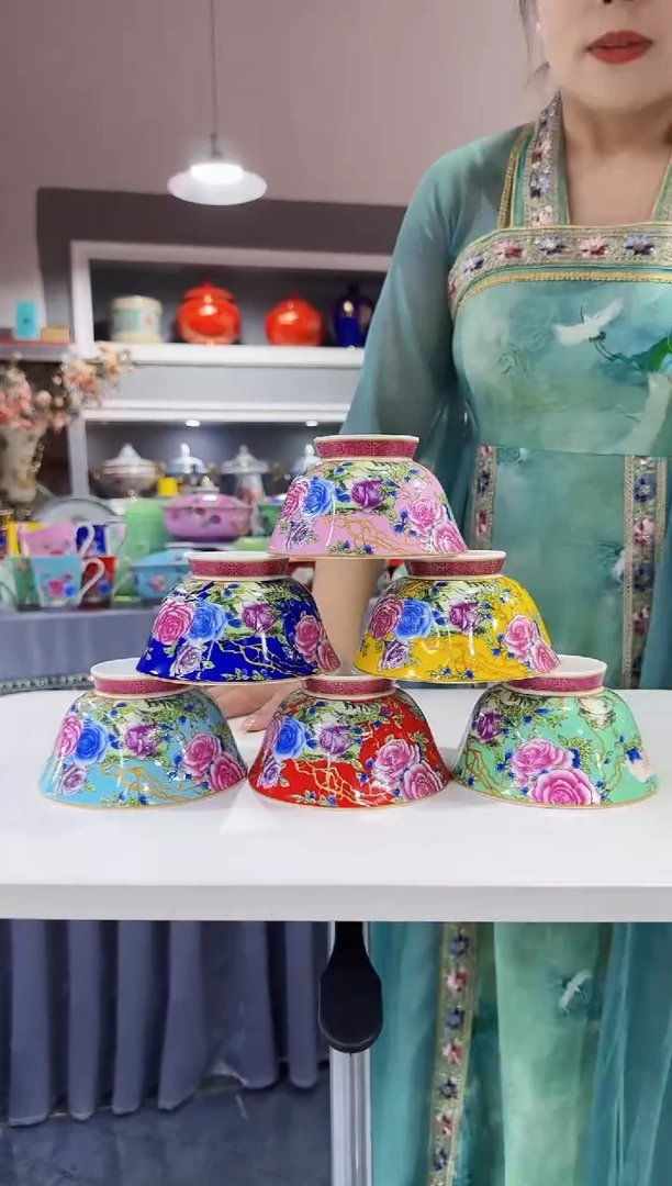 珐琅 4.7英寸花口碗6个景德镇陶瓷混色