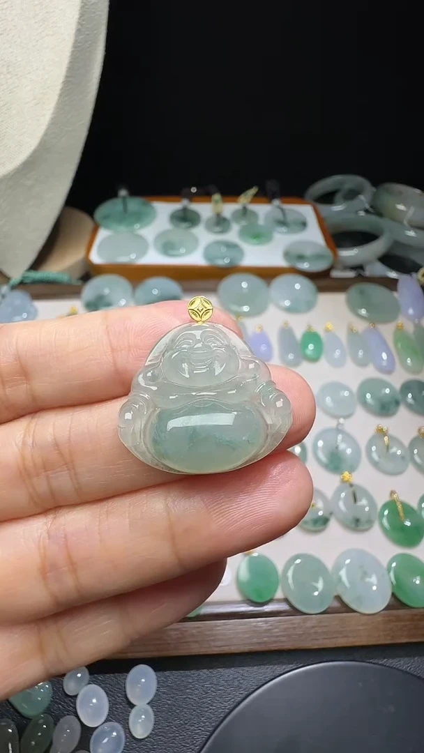 吊坠(不含链)18K金镶嵌翡翠飘花佛公