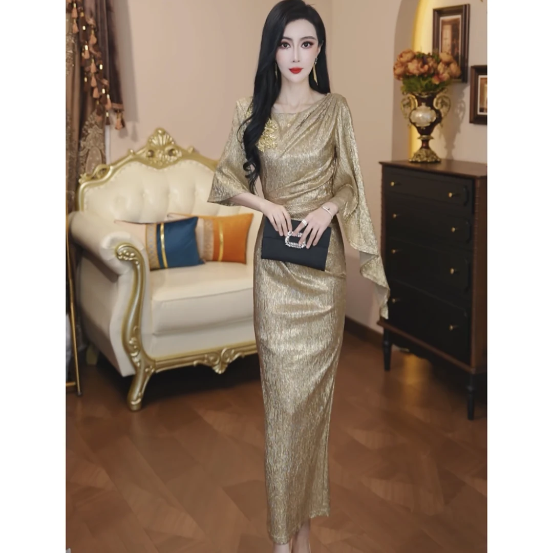 夏季新款法式轻奢气质复古优雅修身连衣裙25129