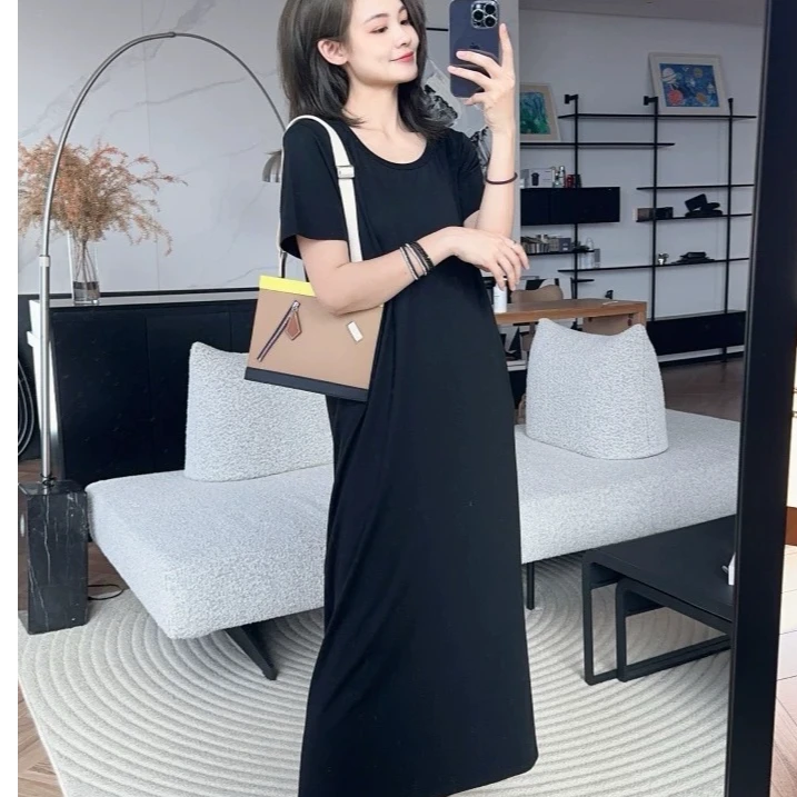 大码短袖宽松连衣裙过膝直筒长裙纸片人显瘦T恤打底孕妇裙8057