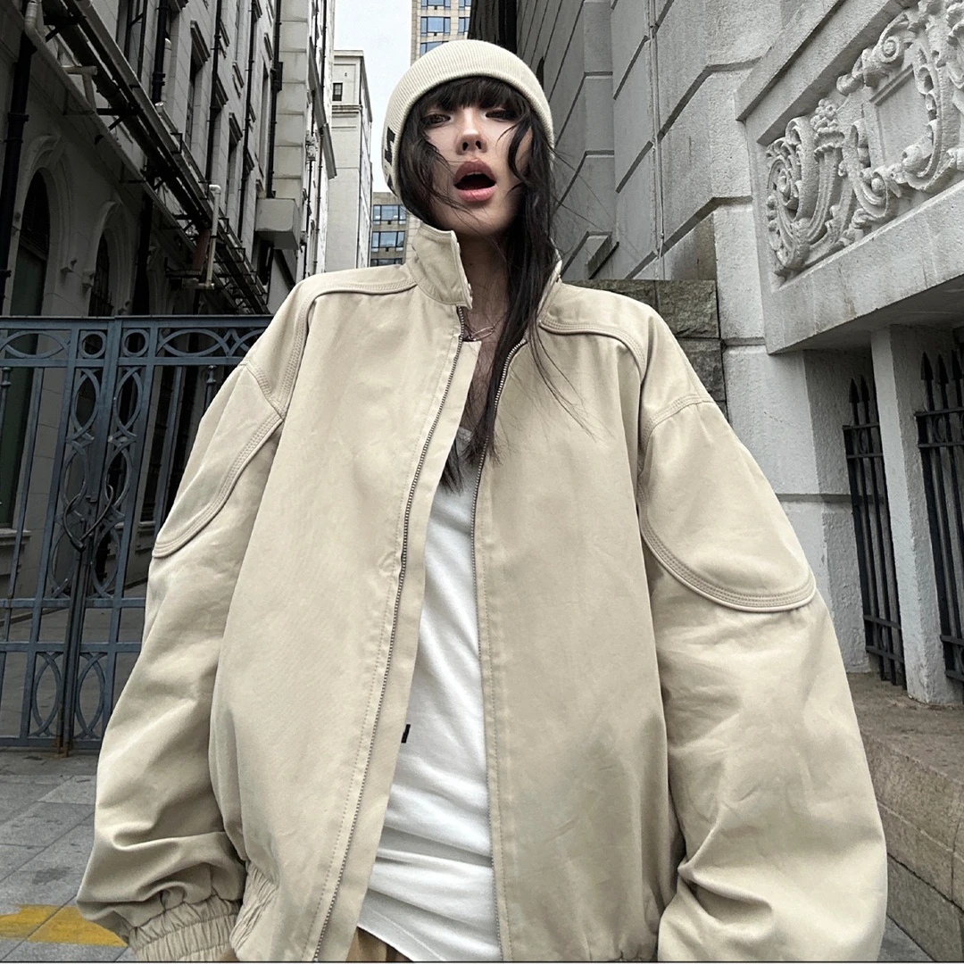 韩好甜WARDEN EDGE街力觉醒 卡其色立领夹克外套女秋宽松长袖上衣
