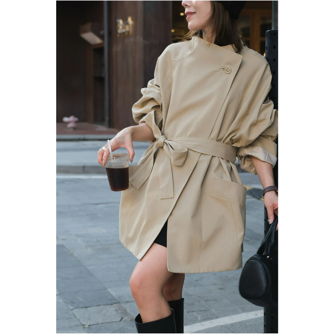 Lehoo|【桑蚕丝斜扣领风衣】中长款百搭宽松腰带款风衣外套25M60023