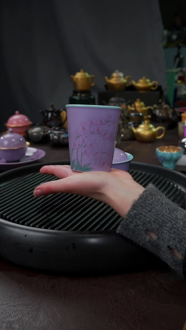 【闪购商品】杯【宜景窑烟幕紫】手绘蝴蝶兰可乐杯