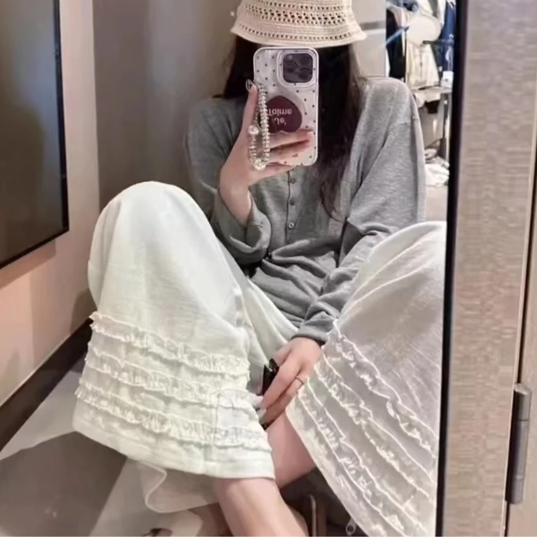 【YIQI】韩国东大门新款亚麻老钱风百搭纯色三层花边九分休闲裤