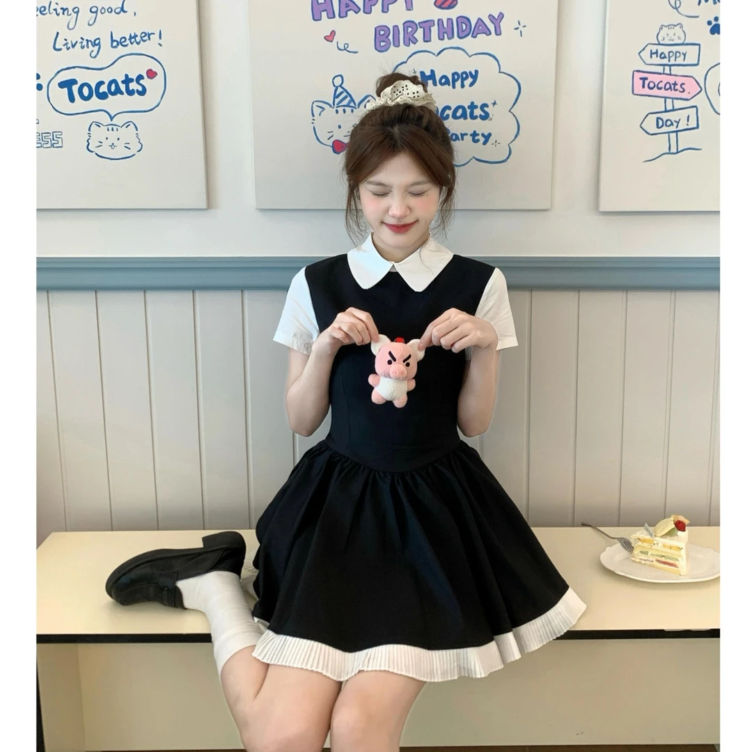 学院风气质a字修身蛋糕裙女夏季新款法式设计感黑白假两件连衣裙