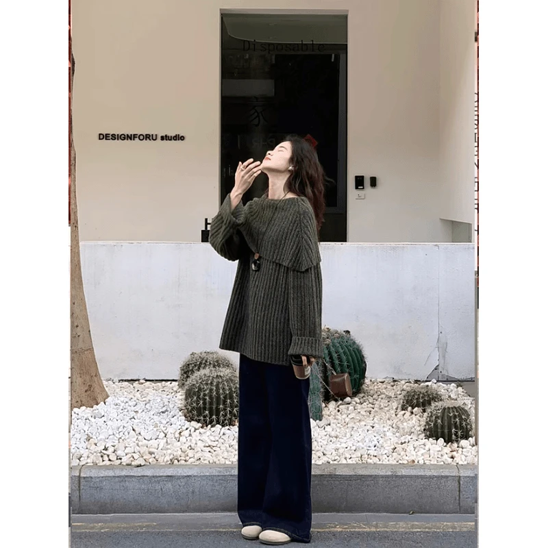 MARIE.COCO早秋新款设计感套头针织衫上衣女复古高腰牛仔裤两件套