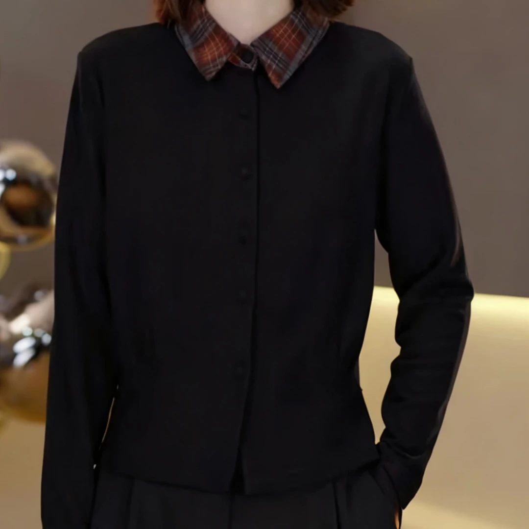 【现货】秋冬宽松拼接s打底衫衬衫长袖休闲百搭翻领纯色时尚227