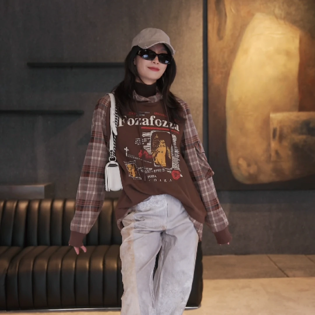 fozafozza尘封乐章做旧复古印花插肩袖格子衬衫连帽卫衣