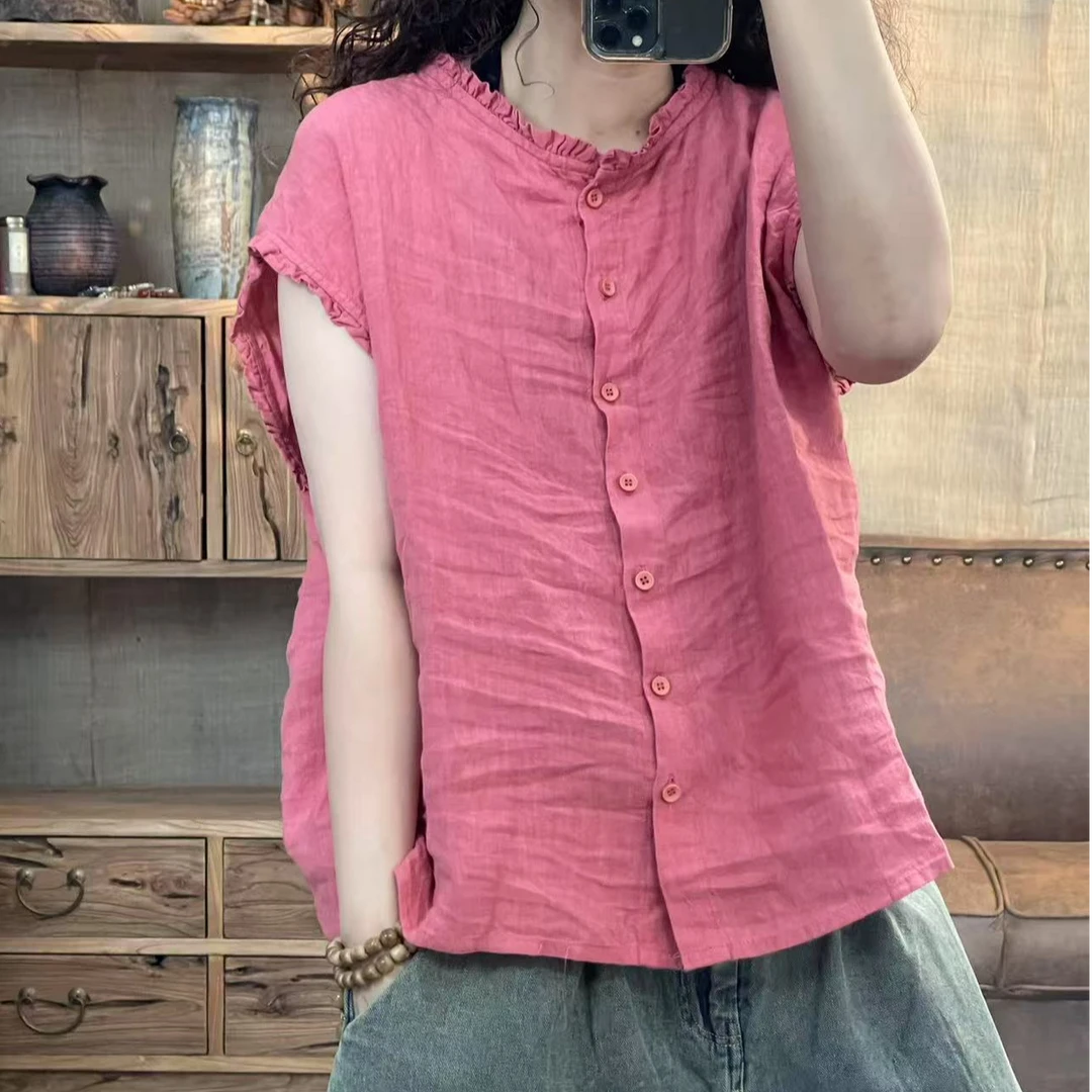 YD-25115夏季亚麻做旧木耳领复古休闲女装上衣(长60胸围114)