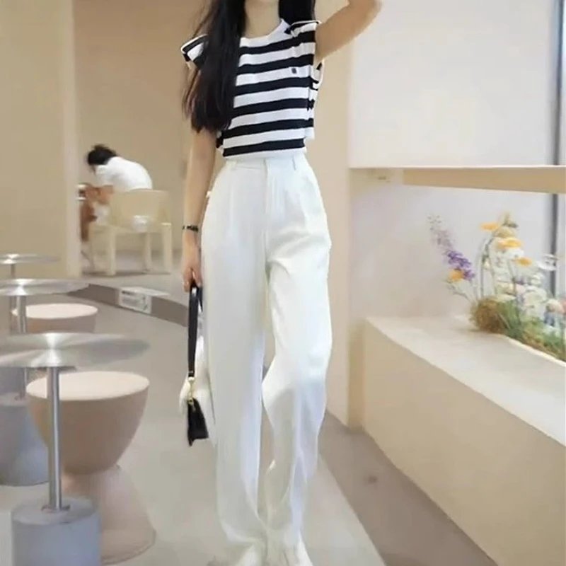 女装背心阔腿裤两件套夏季干练气质炸街盐系轻熟御姐职业条纹上衣