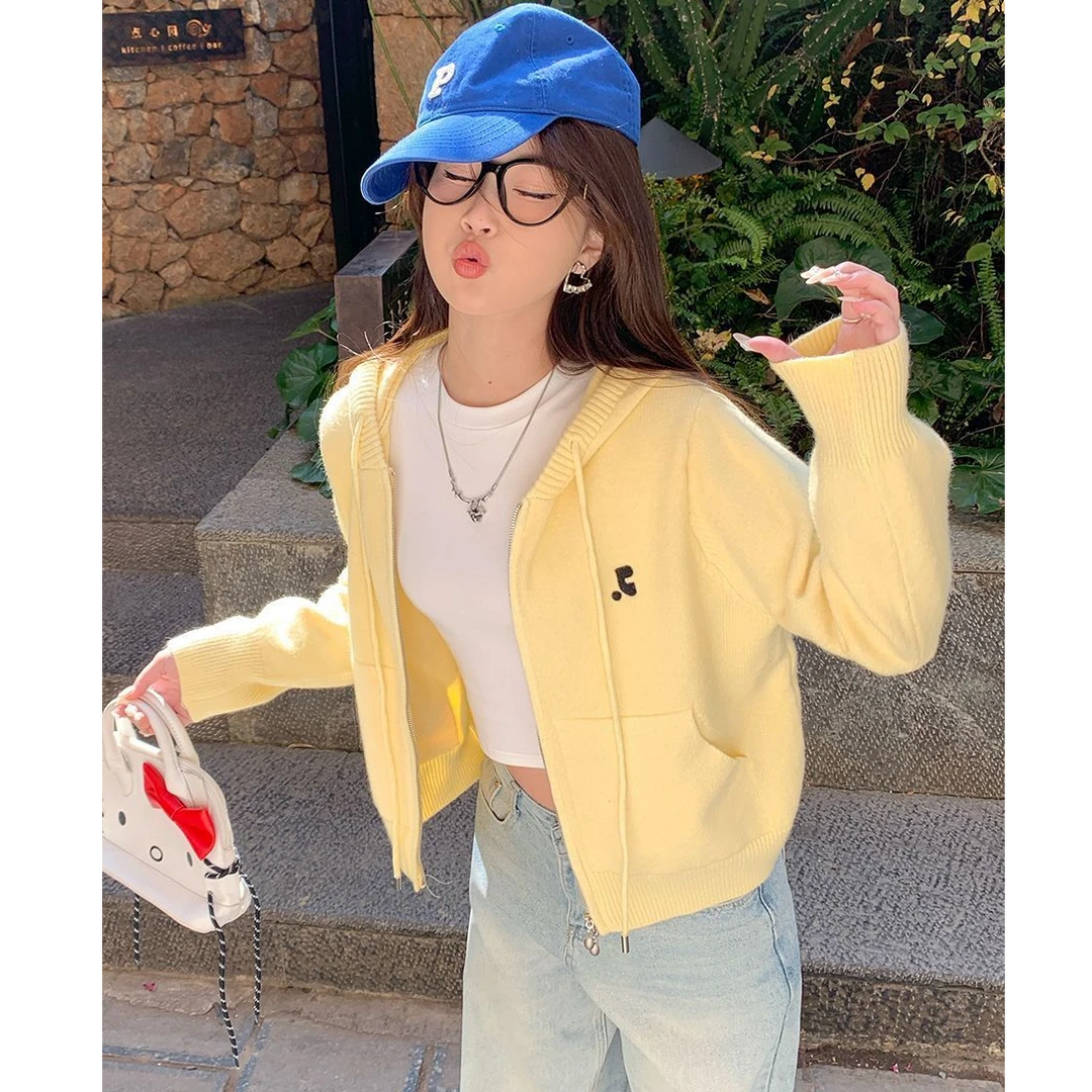 连帽卫衣开衫春装女款2025年新款黄色毛衣针织小外套开春穿搭上衣