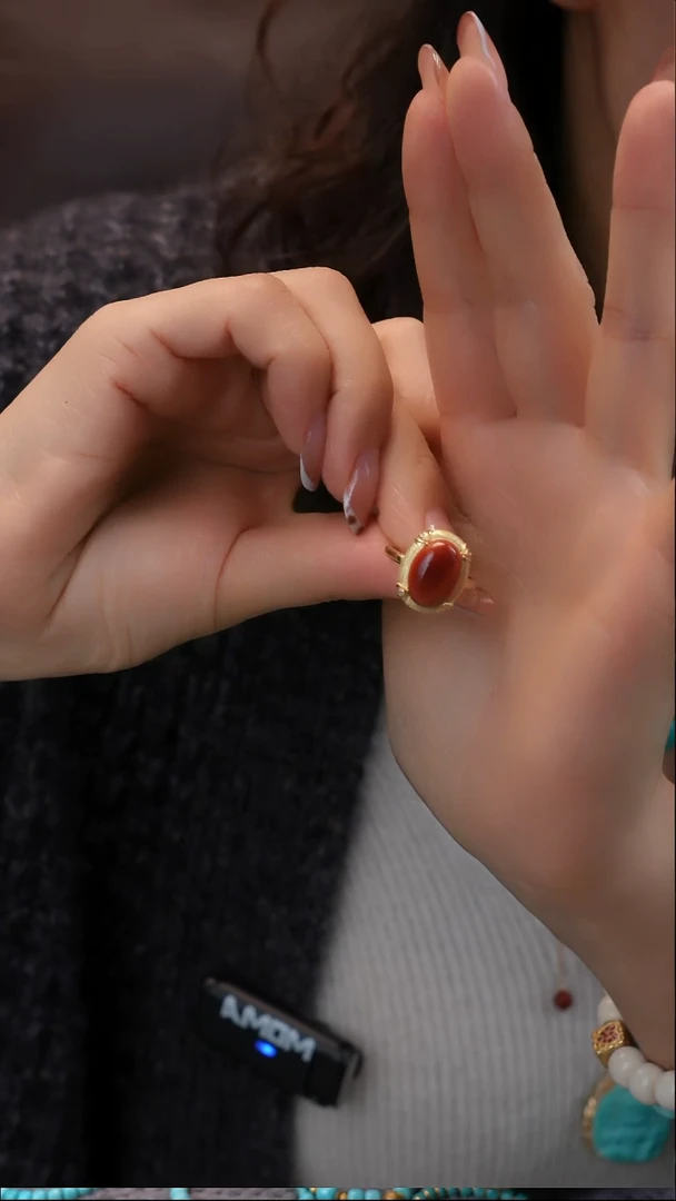 银S925镀金镶嵌南红玛瑙戒指1111