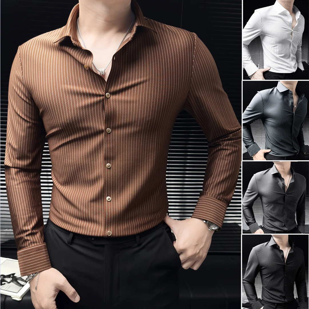 高级感条纹衬衣男士商务内搭垂坠感精英正装衬衫男大码男式长袖衫