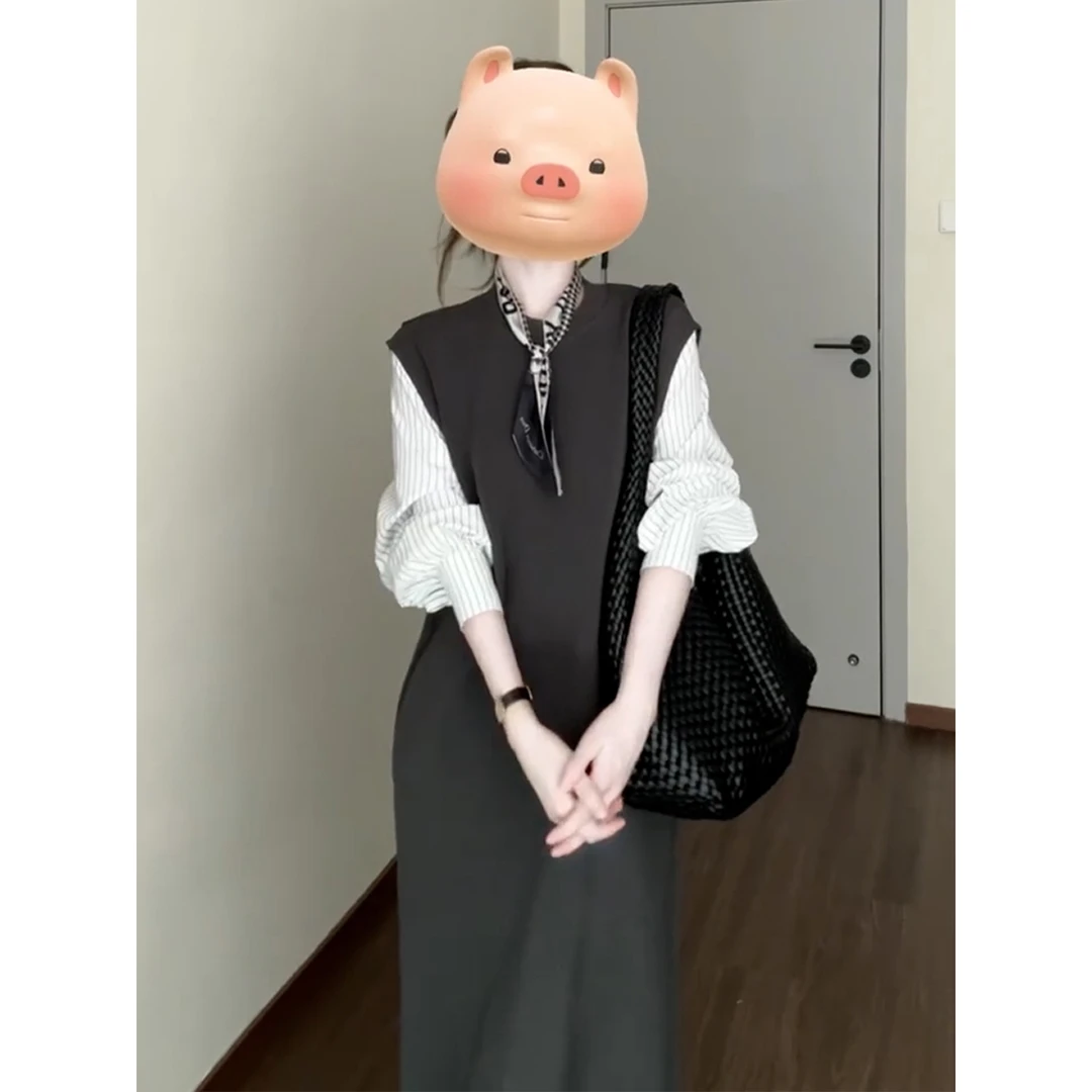 秋季流行风格假两件灰色连衣裙长裙女2025新款绝美巨好看的小裙子