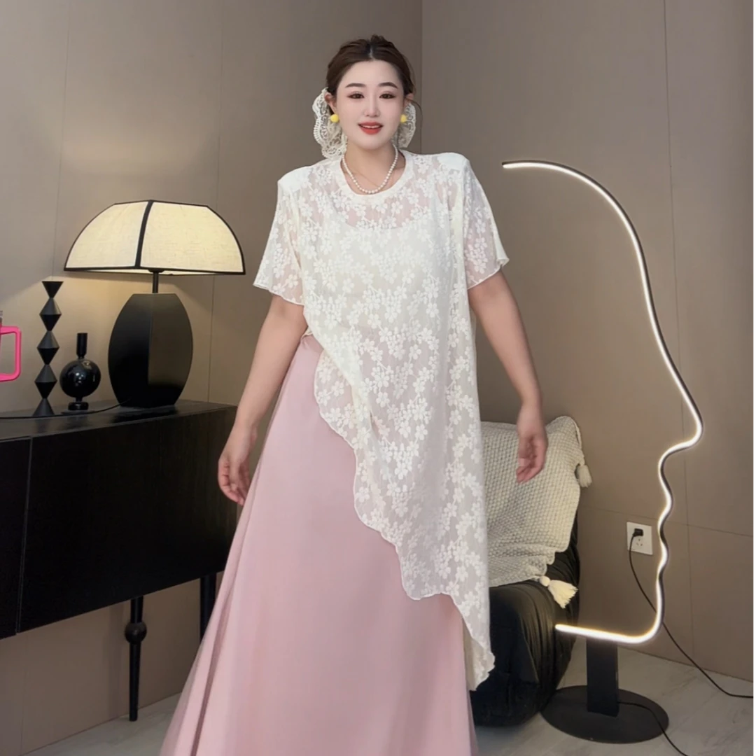 时尚白色加长不规则女款中长款上衣春夏2025新款蕾丝上衣