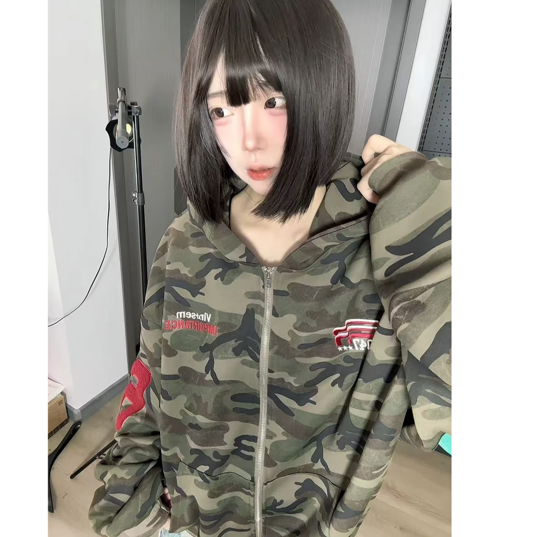 美式复古vibe重工加绒连帽卫衣外套