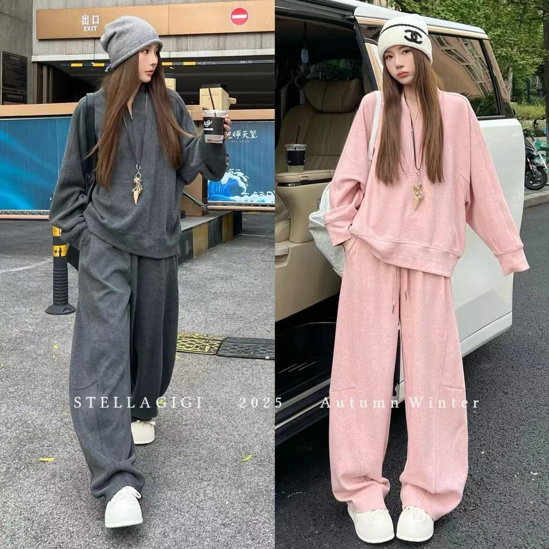 2025秋季新款老钱风松弛感时尚减龄宽松纯色卫衣弯刀阔腿裤套装