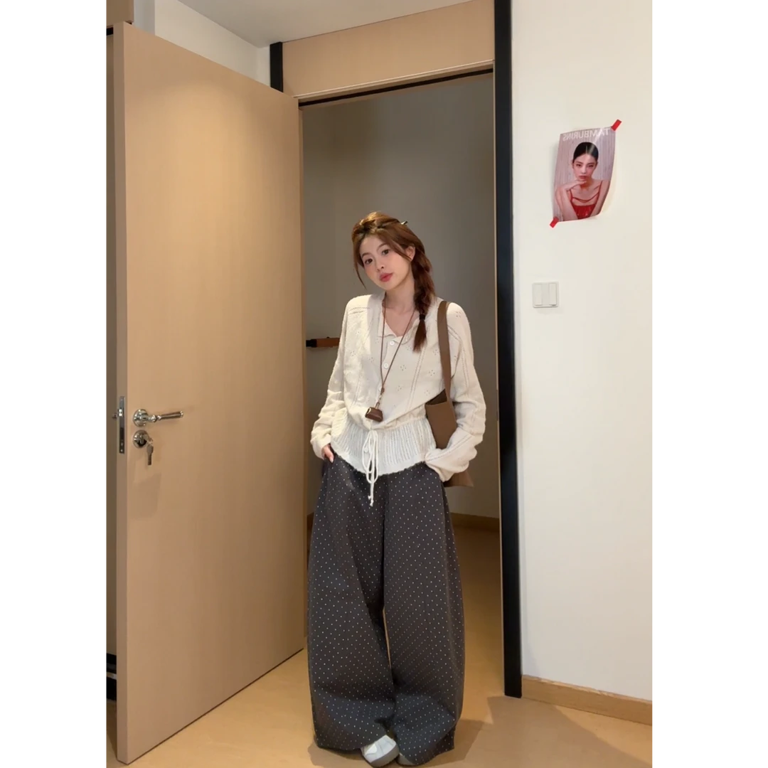 淡颜系秋季奶油设计感收腰绑带针织上衣镂空衫L1701