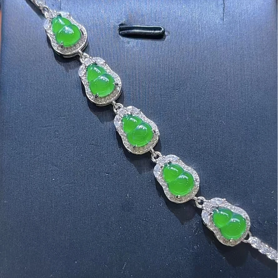 天然A货翡翠S925银葫芦手链