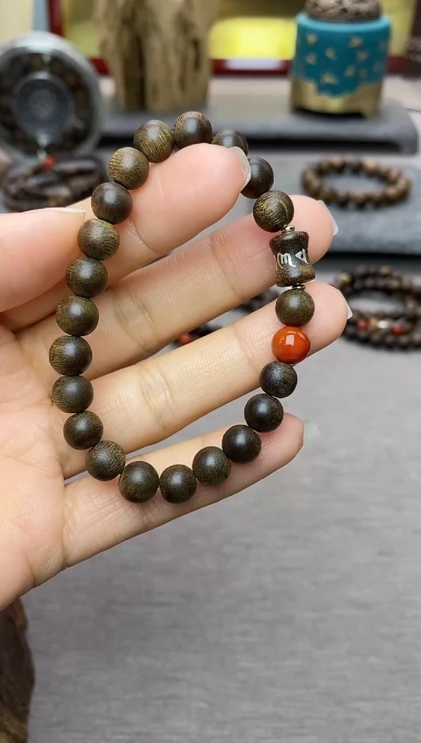 【闪购商品】沉香手串芽庄白棋08＋富森竹节六字镶嵌沉水