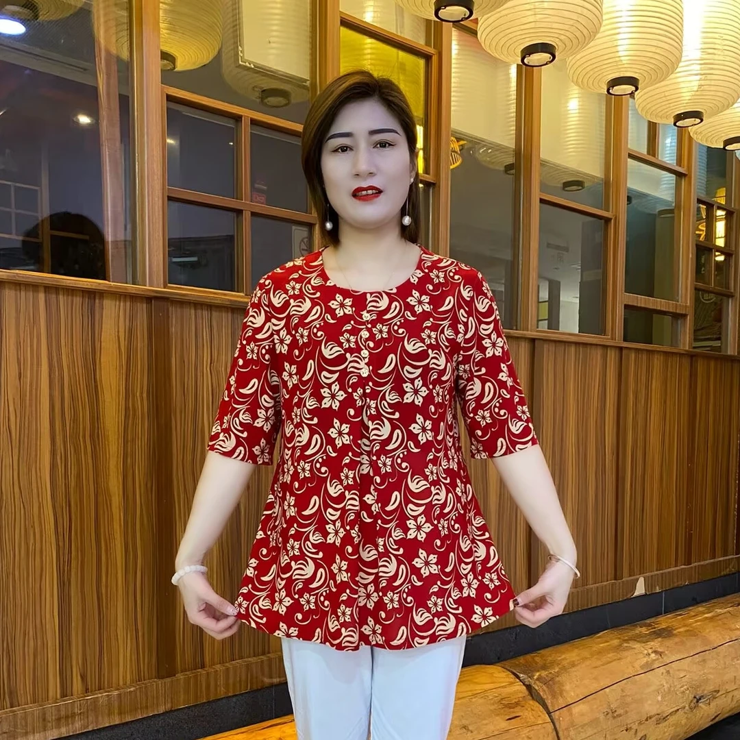 秋季新款大码常规宽松小衫百搭圆领中老年女装中长洋气衫