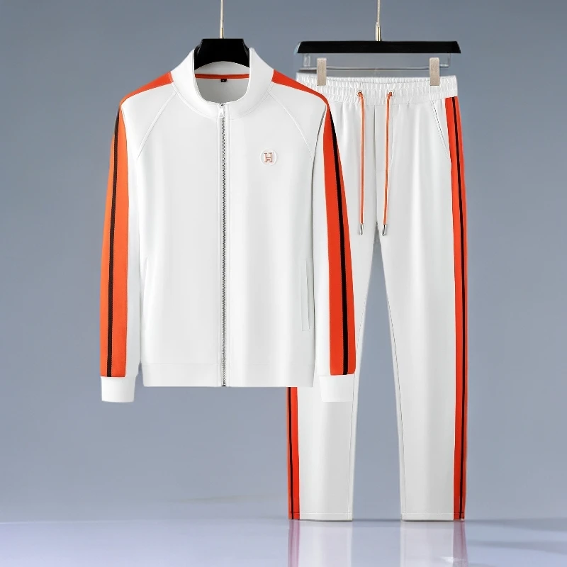 时尚轻奢秋季时尚撞色织带卫衣开衫两件套男士休闲运动潮牌套装男