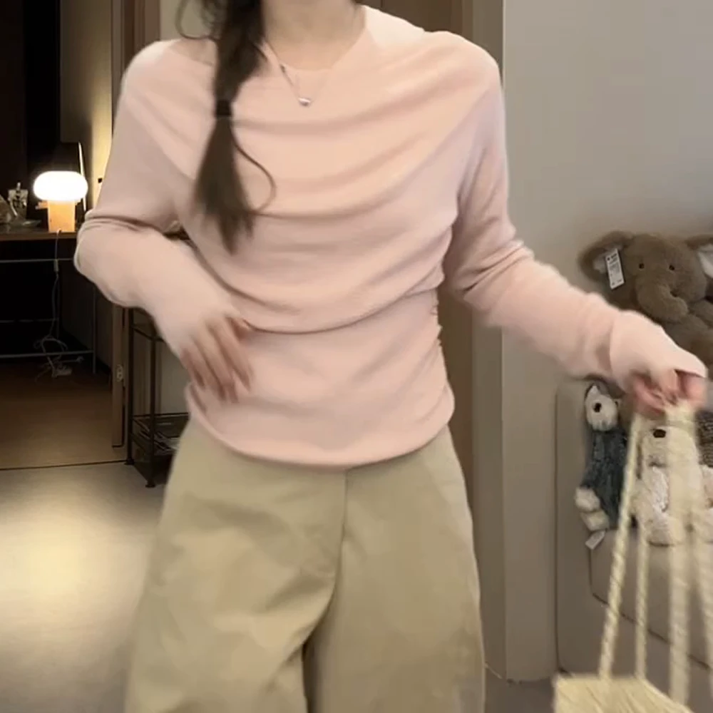 小心机纯欲一字肩假两件针织上衣女2025春装新款修身露肩T恤气质