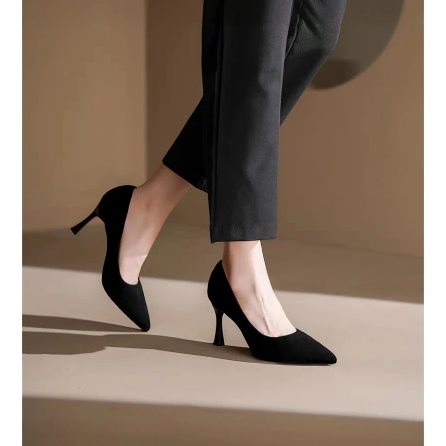 礼仪尖头高跟鞋正装通勤黑色不累脚2025年学生细跟绒面工作单鞋女