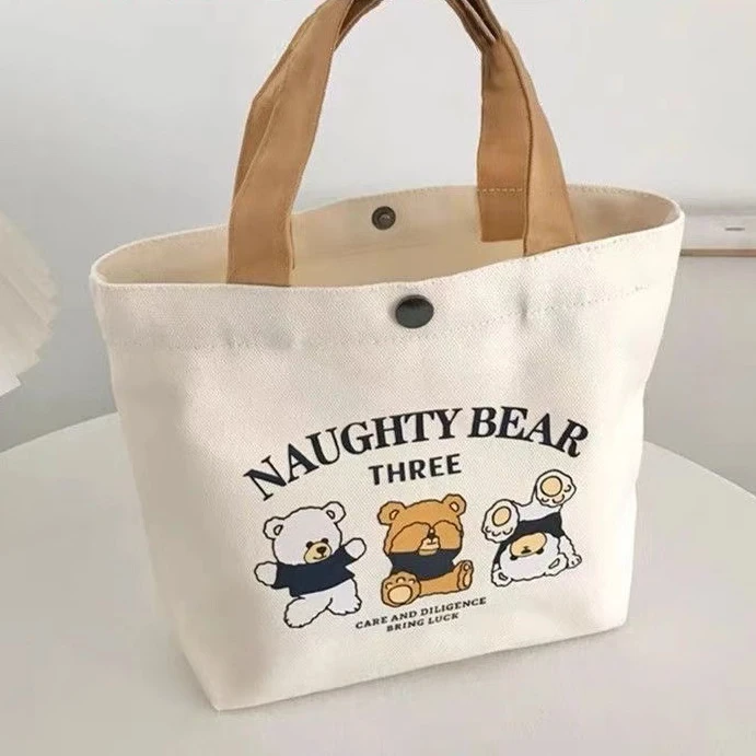 新款小熊帆布包女印花百搭学生便携上班手拎便当包手提袋子帆布袋