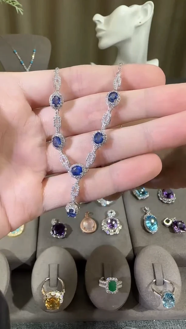 颈饰蓝宝石银S925镶嵌3*6mm套链高级款