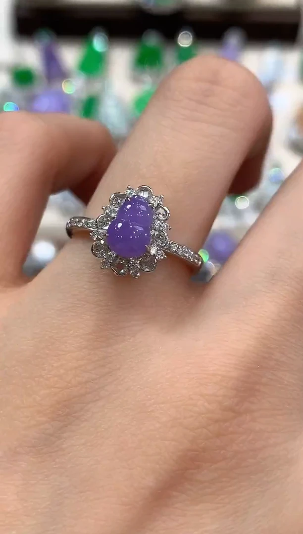 18K金镶嵌戒指翡翠a40紫货有色差