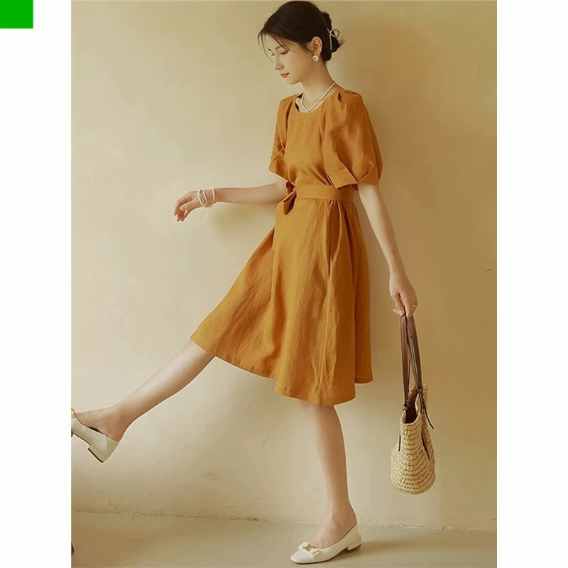 法式高端优雅气质名媛连衣裙女夏季收腰系带显瘦圆领泡泡袖A字裙