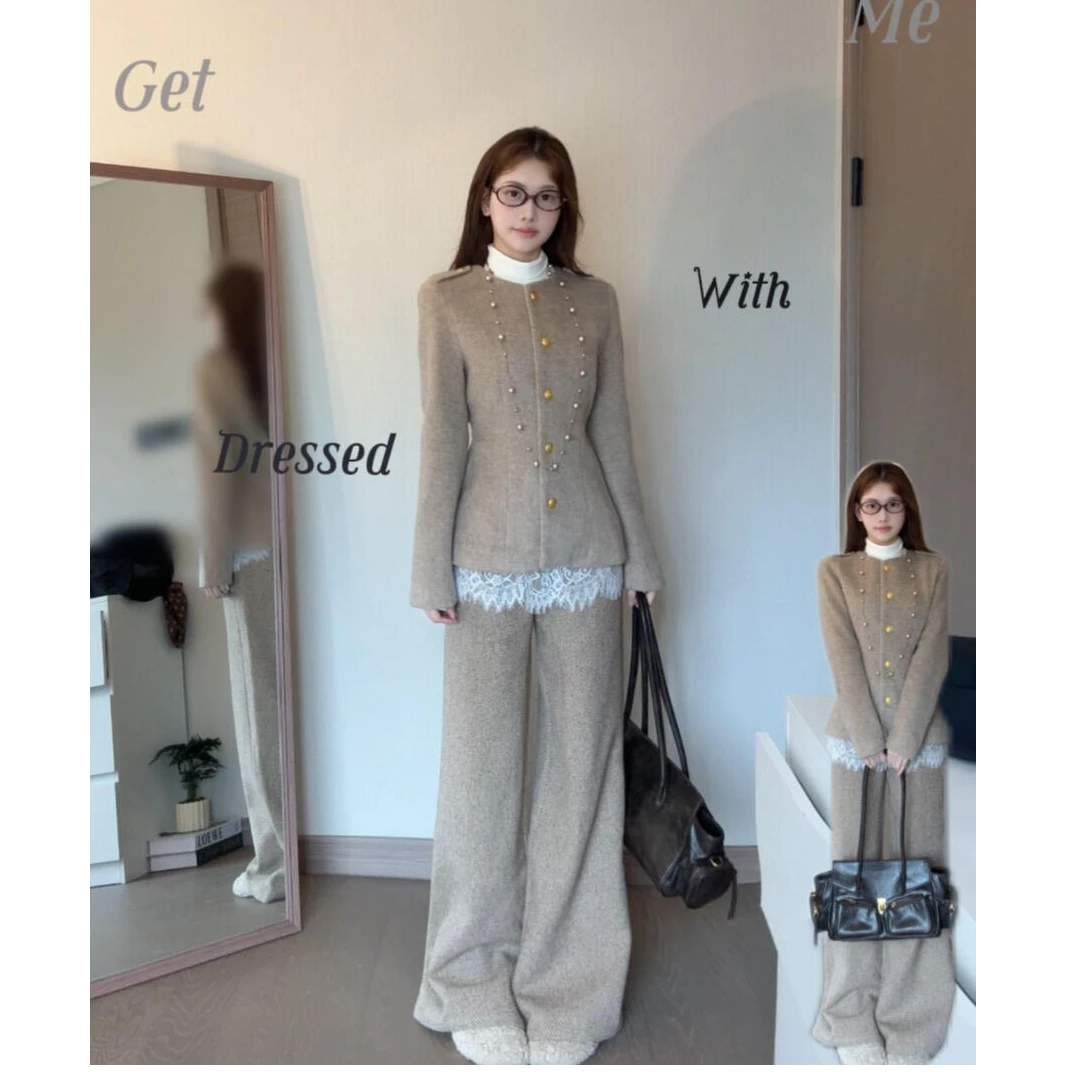 parkyeon韩系法式穿搭小香风外套秋冬半边蕾丝打底衫休闲裤子套装