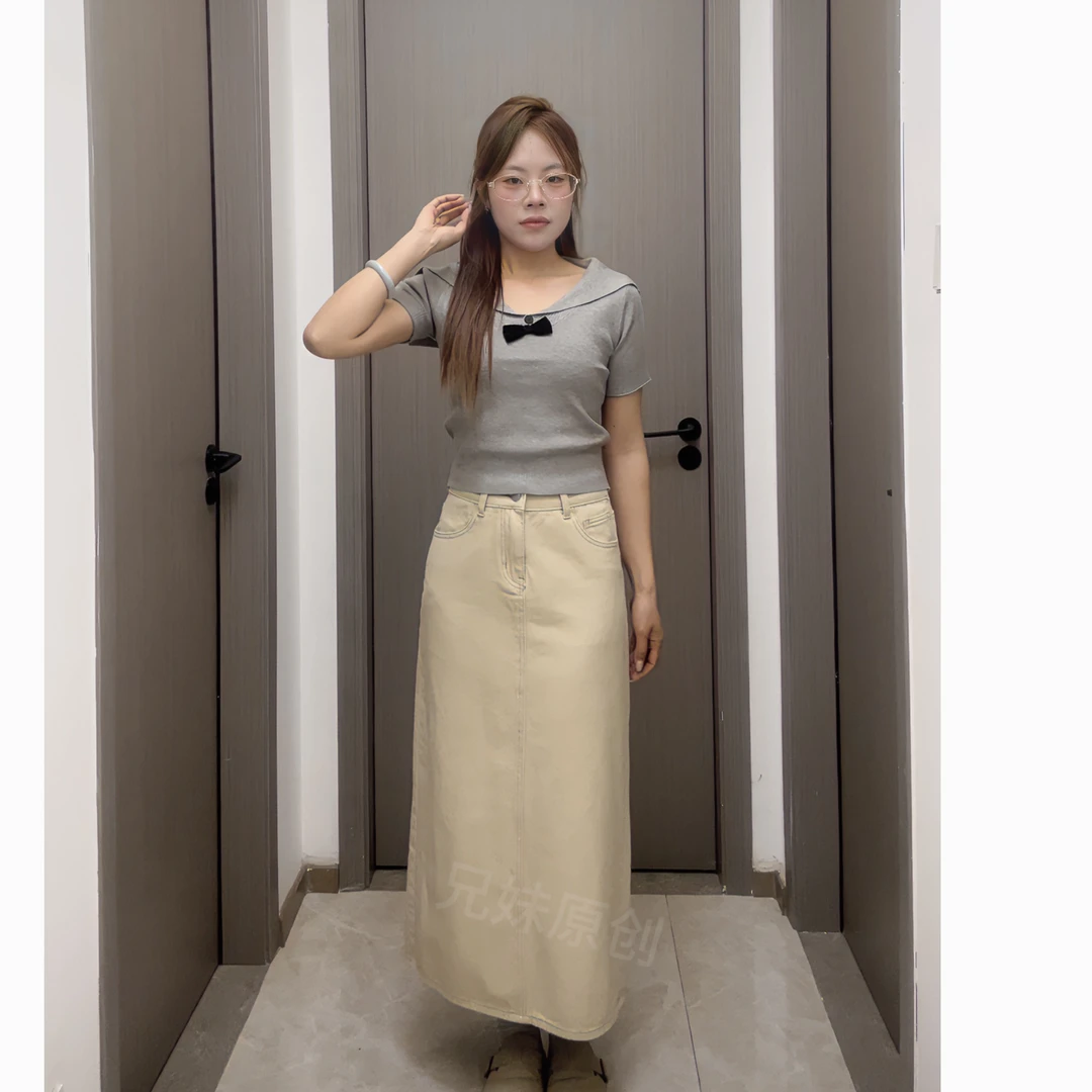 新款杏色牛仔半身裙后开叉中长裙显瘦百搭梨形a字裙休闲高腰包臀