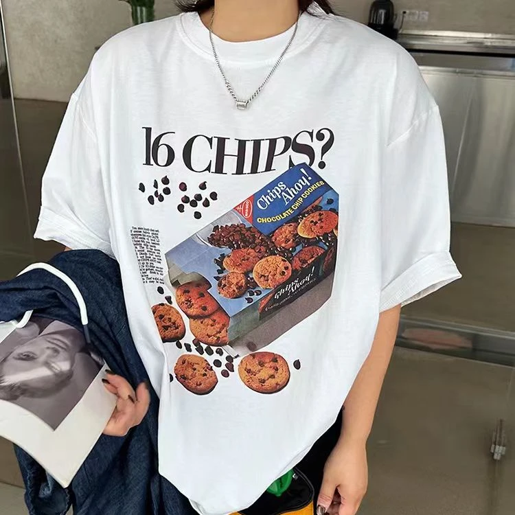 白色时尚曲奇饼干创意印花T恤短袖2025夏季网红炸街独特漂亮上衣